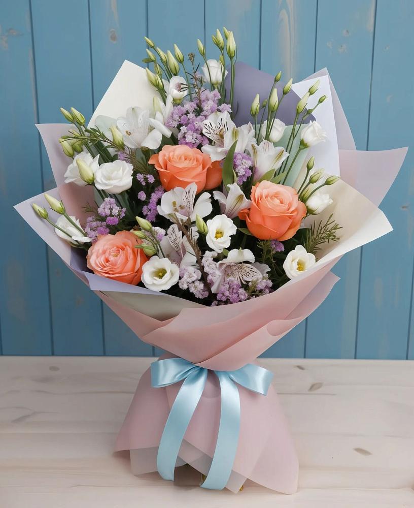 Букет цветов из: Лизиантусы, Розы, Альстромерии и Гипсофила в Нижней Шиловке