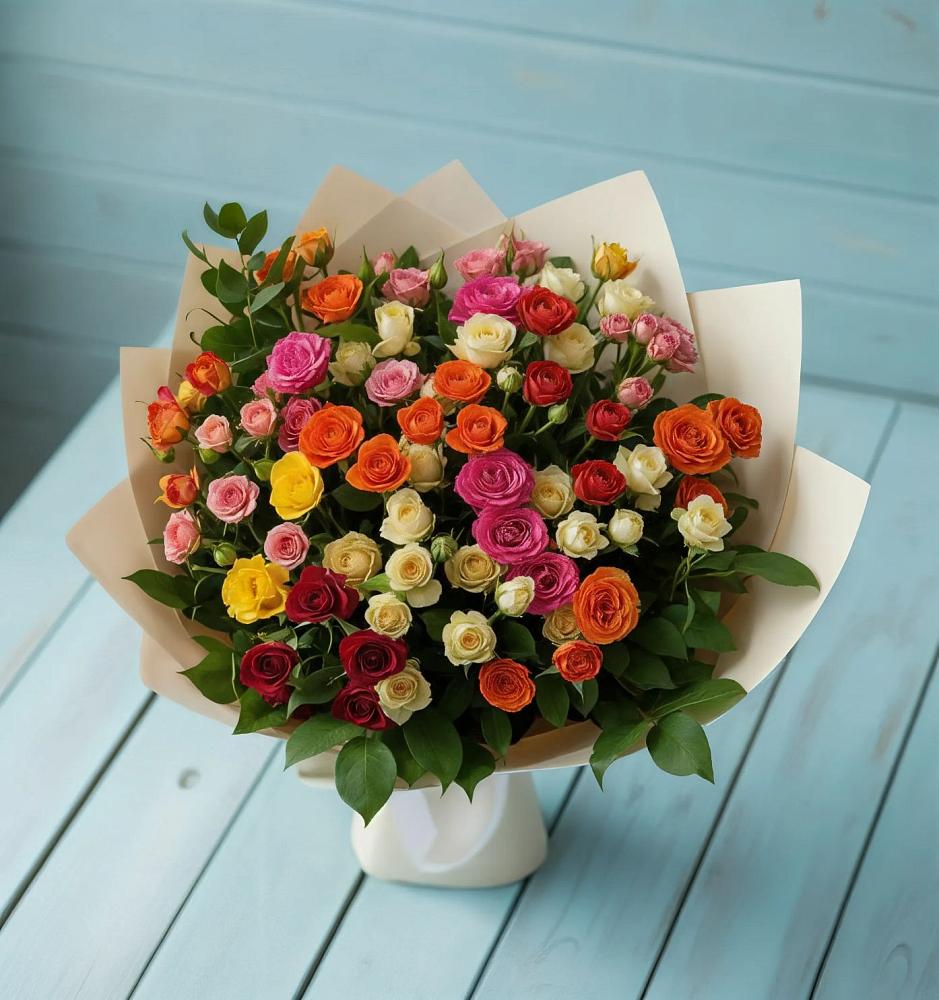 Букет Микс из разноцветных кустовых роз в Нижней Шиловке