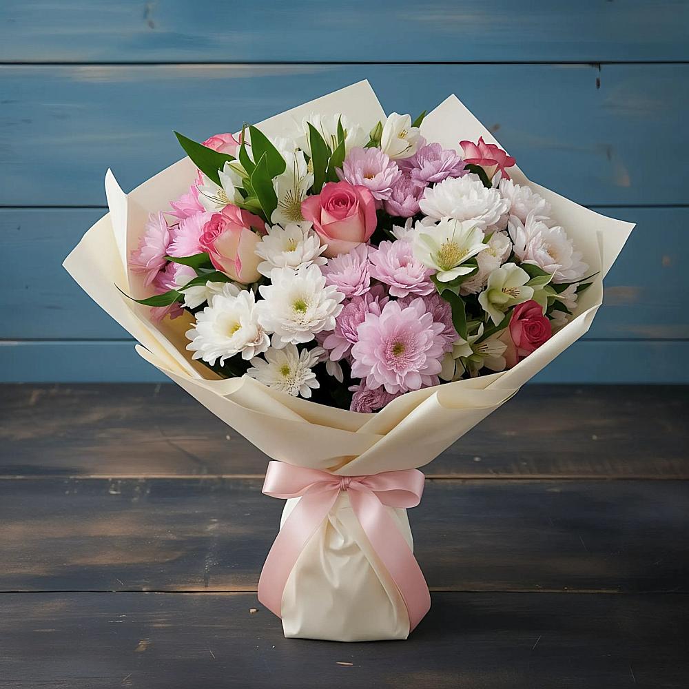 Букет цветов из: Хризантемы, Альстромерии и Розы в Нижней Шиловке